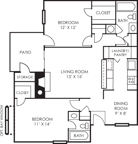Floor plan for 2 beds, 2 baths, 1001 sqft
